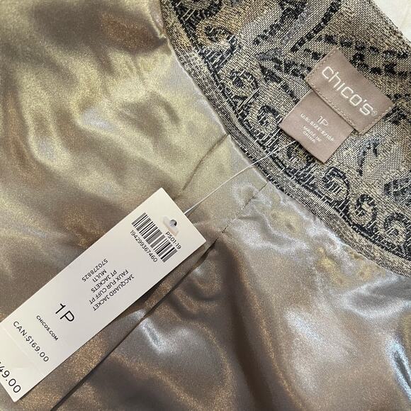 Chico's NWT Jacquard Jacket Convertible Faux Fur Cuff Cream Silver size 1P 8-10P - Picture 6 of 13